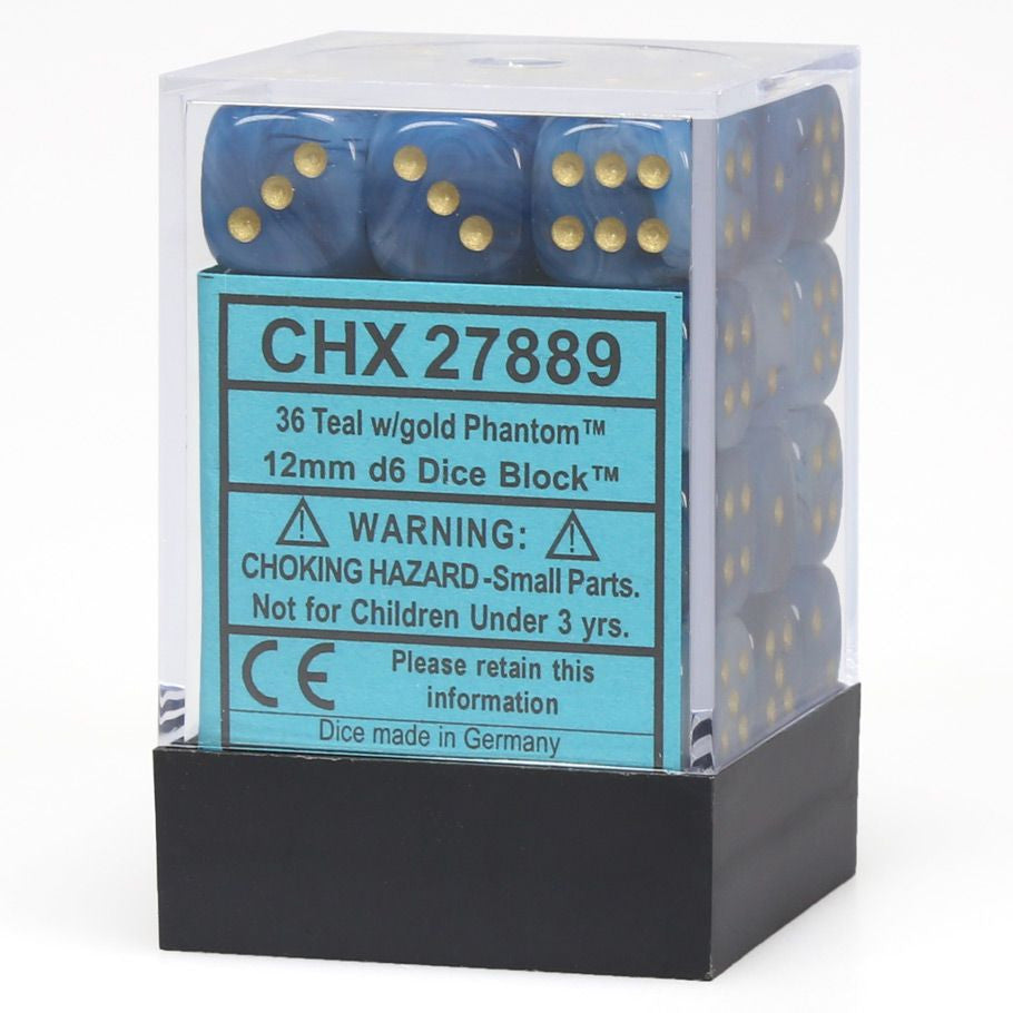 Chessex d6 Cube 12mm Phantom Teal with Gold (36) - Set of 36 teal translucent six-sided dice with gold pips in a clear plastic box with black base and blue label.