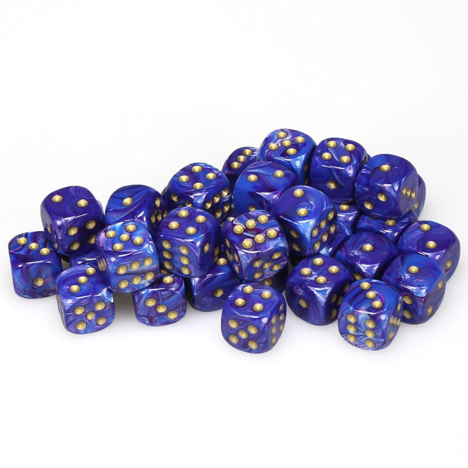 Chessex d6 Cube 12mm Lustrous Purple with Gold (36) - 36 purple acrylic six-sided dice with gold pips, 12mm lustrous finish, standard size cubes.