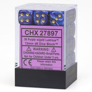 Chessex d6 Cube 12mm Lustrous Purple with Gold (36) - Set of 36 lustrous purple 12mm six-sided acrylic dice with gold pips in a clear plastic display case with black base.
