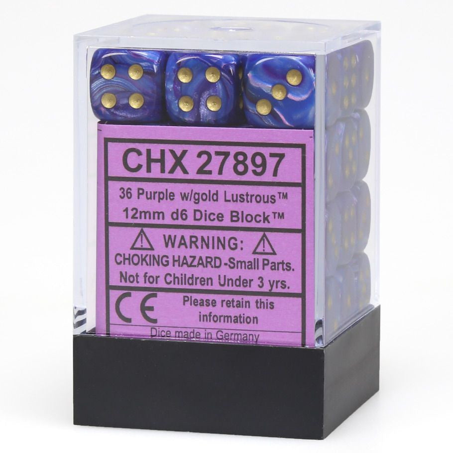 Chessex d6 Cube 12mm Lustrous Purple with Gold (36) - Set of 36 lustrous purple 12mm six-sided acrylic dice with gold pips in a clear plastic display case with black base.