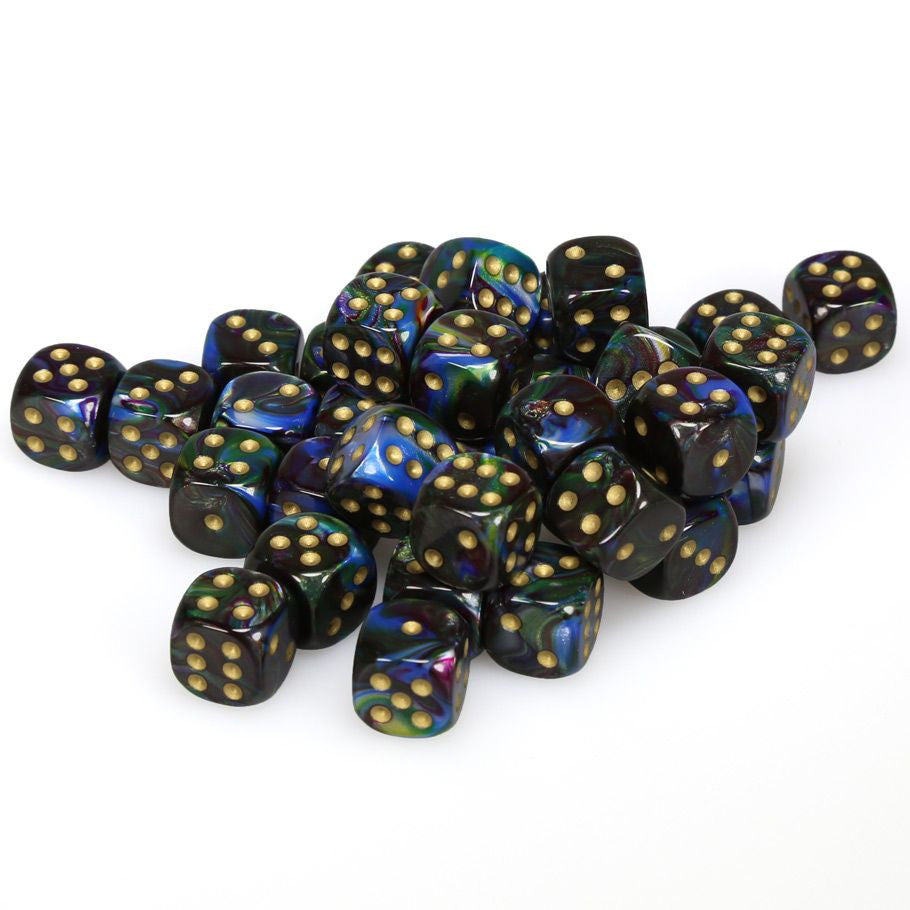 Chessex d6 Cube 12mm Lustrous Shadow with Gold (36) - Pile of black acrylic d6 dice with lustrous shadow finish and gold pips, 12mm size.