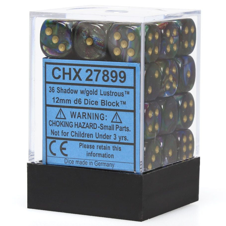 Chessex d6 Cube 12mm Lustrous Shadow with Gold (36) - Set of 36 translucent black acrylic d6 dice with gold pips, 12mm, packed in a clear plastic box.