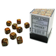 Chessex d6 Cube 12mm Glitter Gold with Silver (36) - Set of ten 12mm gold acrylic d6 dice with silver glitter and white pips, packaged in clear plastic box.