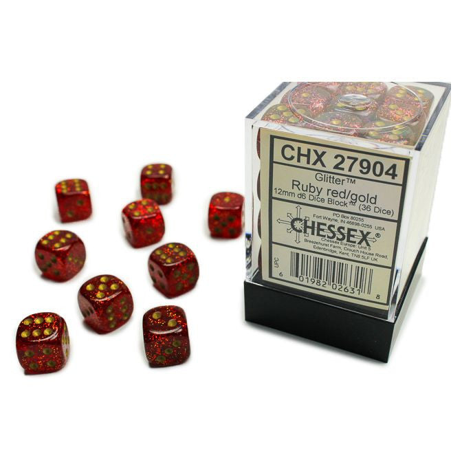 Chessex d6 Cube 12mm Glitter Ruby with Gold (36) - Set of nine 12mm ruby red acrylic six-sided dice with gold glitter and gold pips, displayed beside a clear plastic box with.