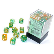 Chessex d6 Cube 12mm Luminary Nebula Spring with White (36) - Set of translucent green and yellow 12mm acrylic d6 dice with white pips beside clear display box labeled Chessex Luminary.
