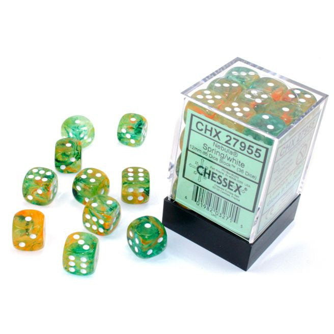 Chessex d6 Cube 12mm Luminary Nebula Spring with White (36) - Set of translucent green and yellow 12mm acrylic d6 dice with white pips beside clear display box labeled Chessex Luminary.