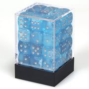 Chessex d6 Cube 12mm Luminary Sky with Silver (36) - Set of twelve 12mm translucent blue six-sided dice with silver pips in clear plastic display case with black base.