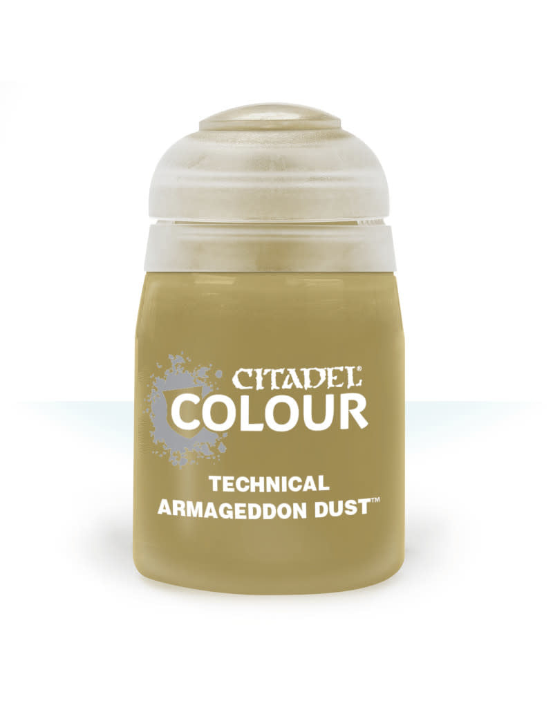 Citadel Technical Paint: Armageddon Dust - Small plastic paint pot with beige cap and sandy tan label reading Citadel Colour Technical Armageddon Dust paint.