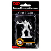 D&D Nolzur's Marvelous Miniatures: Clay Golem - Unpainted gray clay golem miniature with muscular build and outstretched arms from D&D Nolzur's Marvelous Miniatures set.