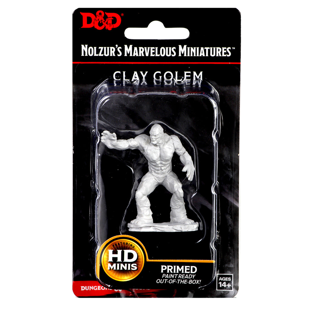 D&D Nolzur's Marvelous Miniatures: Clay Golem - Unpainted gray clay golem miniature with muscular build and outstretched arms from D&D Nolzur's Marvelous Miniatures set.