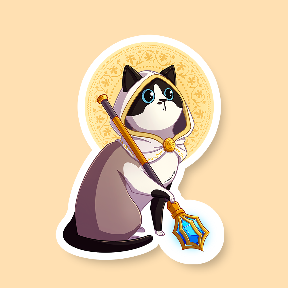 Cleric Class D&D Cat Sticker - White and brown cat wearing a purple cleric robe and hood, holding a blue and gold magical staff sticker.