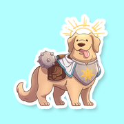 Cleric Class D&D Dog Sticker - Golden retriever dog wearing silver cleric armor with sun emblem, brown satchel, and mace sticker.
