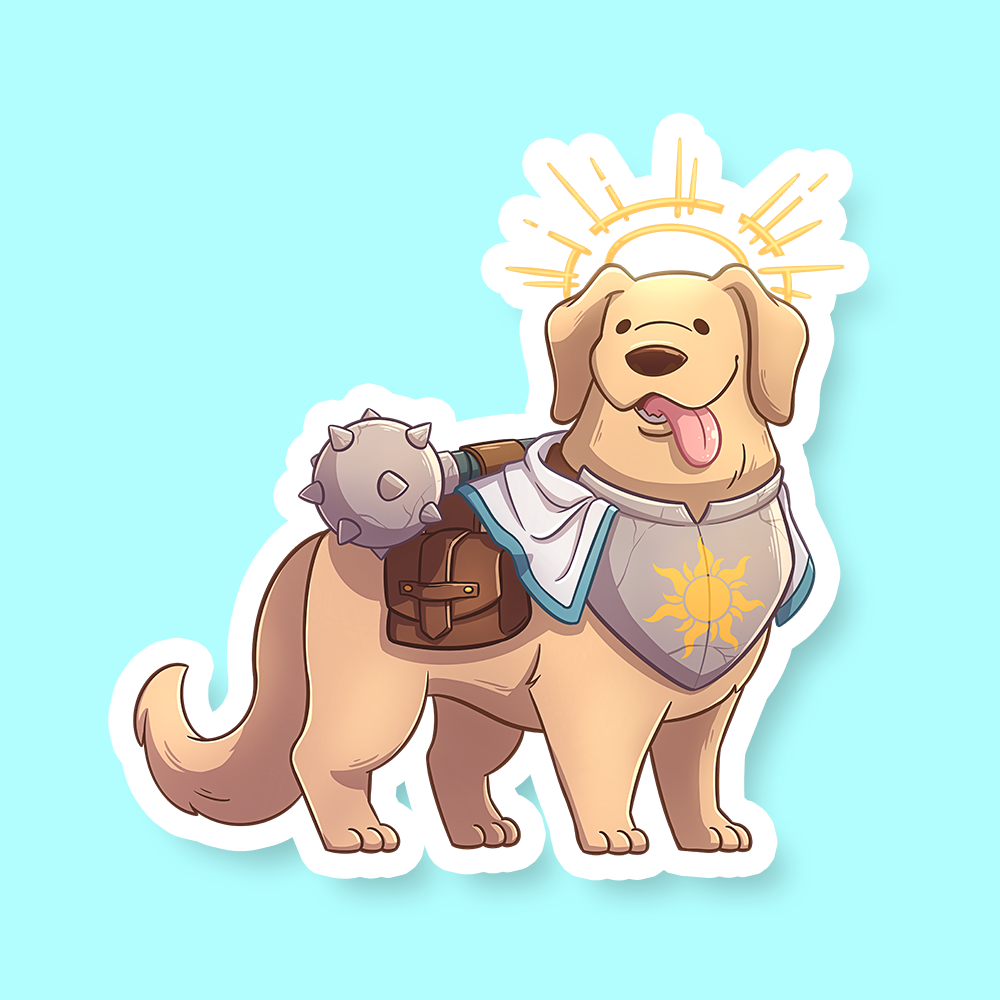 Cleric Class D&D Dog Sticker - Golden retriever dog wearing silver cleric armor with sun emblem, brown satchel, and mace sticker.