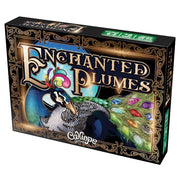 Enchanted Plumes - Enchanted Plumes card game box with ornate gold frame, colorful peacock feathers, and elegant typography on a black.
