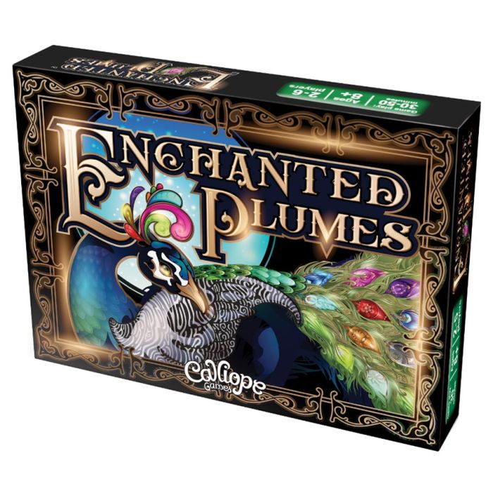 Enchanted Plumes - Enchanted Plumes card game box with ornate gold frame, colorful peacock feathers, and elegant typography on a black.