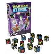Martian Dice - Colorful black dice with alien symbols in red, blue, yellow, and white, next to a purple game box featuring cartoon aliens.