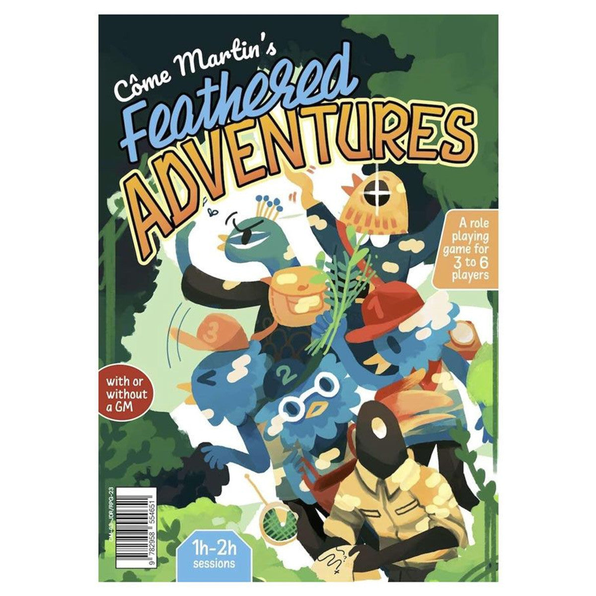 Feathered Adventures - Colorful RPG book cover titled Feathered Adventures featuring cartoon bird characters in fantasy armor with swords and axes.
