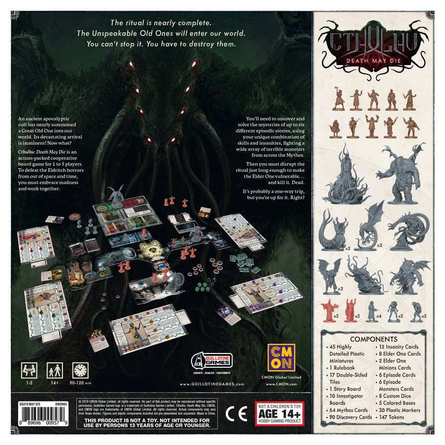 Cthulhu: Death May Die - Death May Die board game box surrounded by game cards, colorful tokens, and detailed miniatures in various monster shapes on