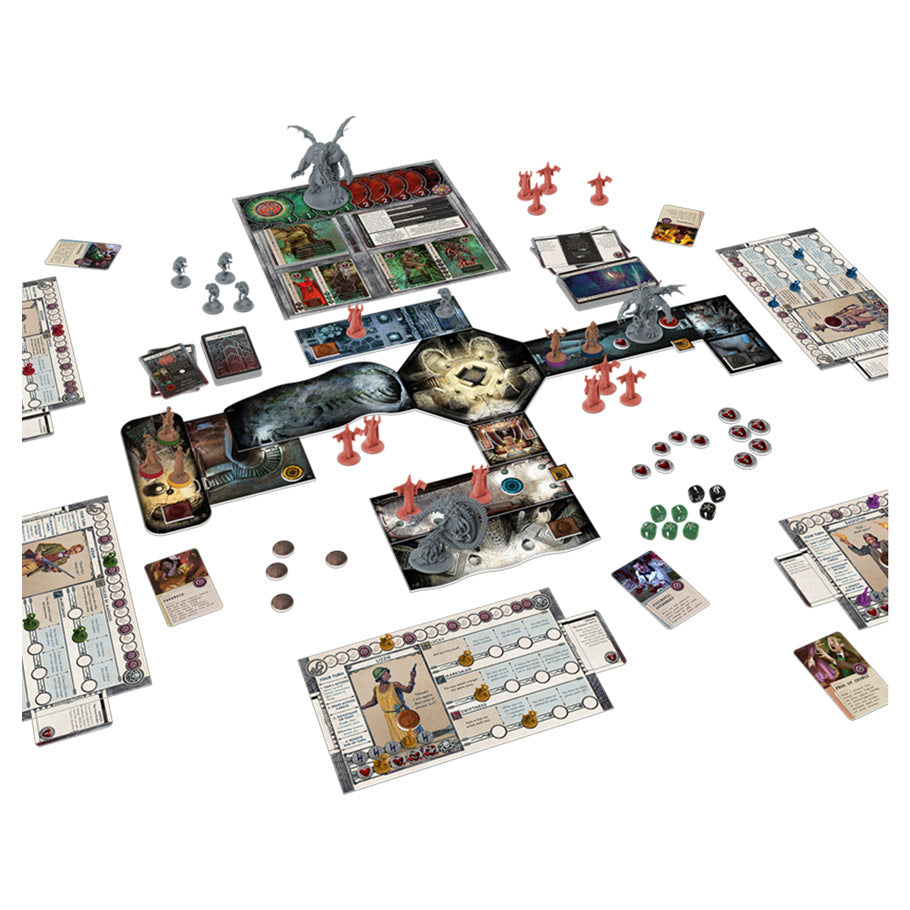 Cthulhu: Death May Die - Death May Die board game with dark fantasy-themed board, red and green miniatures, character cards, dice, and tokens.
