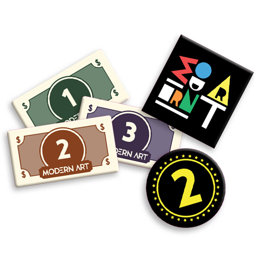 Modern Art: The Card Game - Colorful card game set including numbered bills and a black game box with modern art style text.