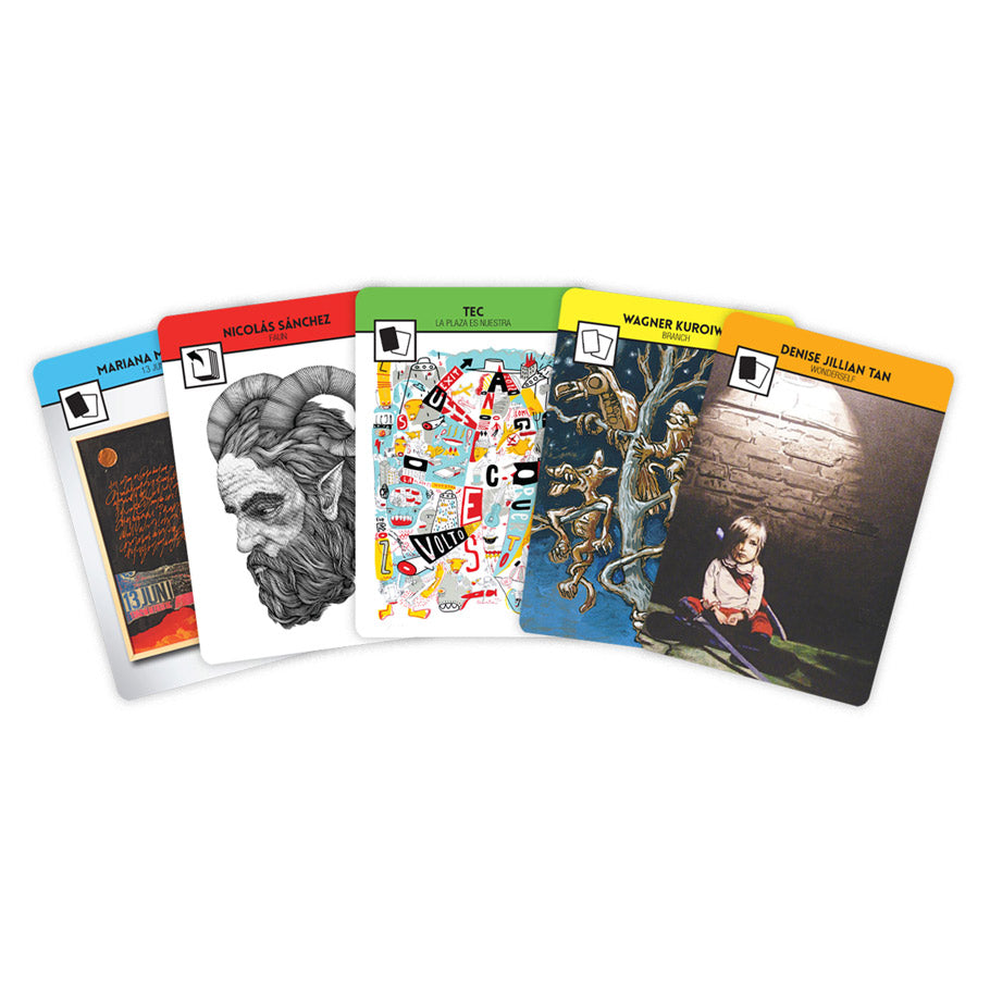 Modern Art: The Card Game - Five colorful playing cards fanned out showing diverse modern art images and bold colored borders.