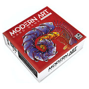 Modern Art: The Card Game - Square card game box with a deep red cover featuring a colorful, abstract sea creature illustration and bold white.