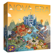 Nova Era - Colorful strategy game box featuring a detailed cityscape with rivers, buildings, hot air balloon, and mountains in the.