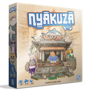 Nyakuza - Nyakuza board game box with colorful cartoon cat characters in a Japanese market setting, beige background.