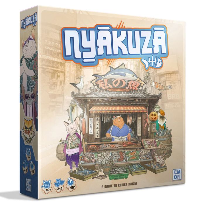 Nyakuza - Nyakuza board game box with colorful cartoon cat characters in a Japanese market setting, beige background.