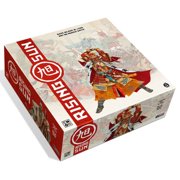 Rising Sun - Square board game box with red and white design featuring a detailed illustration of a samurai warrior in colorful.