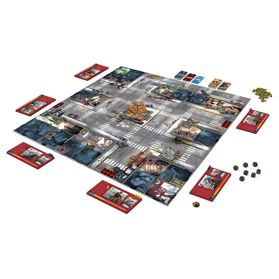 Zombicide 2E - Zombicide 2E board game layout with modular city tiles, character cards, dice, and tokens arranged on a white surface.
