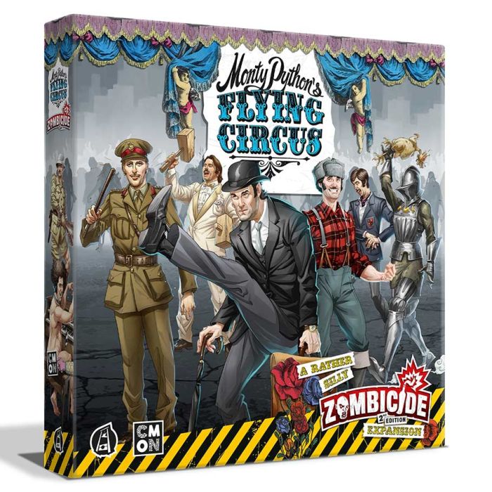 Zombicide: Monty Python's Flying Circus - Colorful board game box featuring illustrated characters from Monty Python’s Flying Circus in theatrical poses and costumes,