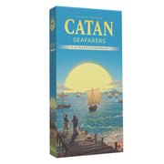 CATAN – Seafarers 5-6 Player Expansion (6th Edition) - Tall rectangular game box with blue sky, yellow sun, and illustrated sea scene featuring a sailing ship and dockside figures.