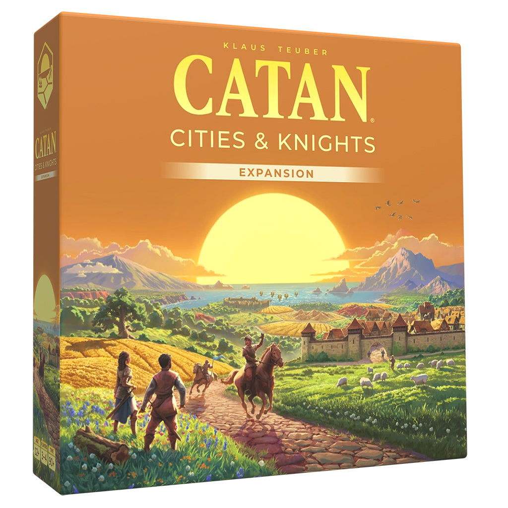 CATAN – Cities & Knights Expansion (6th Edition) - Catan Cities & Knights Expansion box with sunset landscape, two travelers, and medieval village illustration.