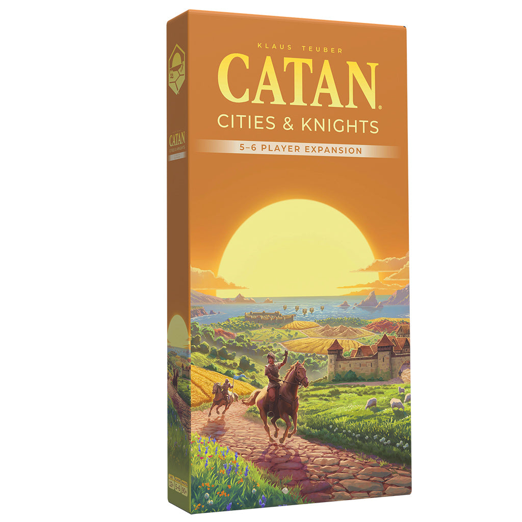 CATAN – Cities & Knights 5-6 Player Expansion (6th Edition) - Tall rectangular box with warm orange and yellow sunset, showing riders on horseback approaching a medieval town on a lush.