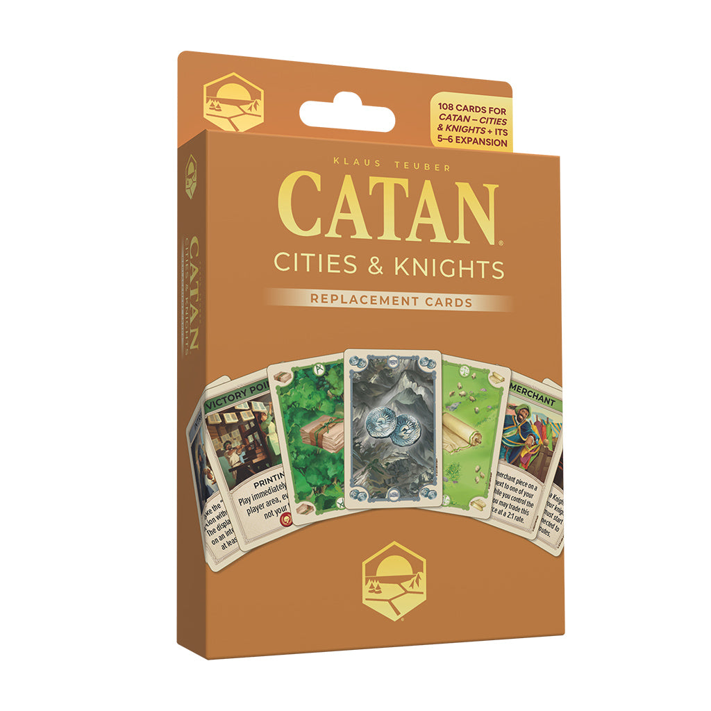 CATAN – Cities & Knights Cards Accessory (6th Edition) - Brown box packaging for CATAN Cities & Knights replacement cards with illustrated game cards fanned on front.