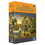 Agricola - Rectangular board game box with orange top featuring medieval farm artwork, including a sheep, barn, and farmer.