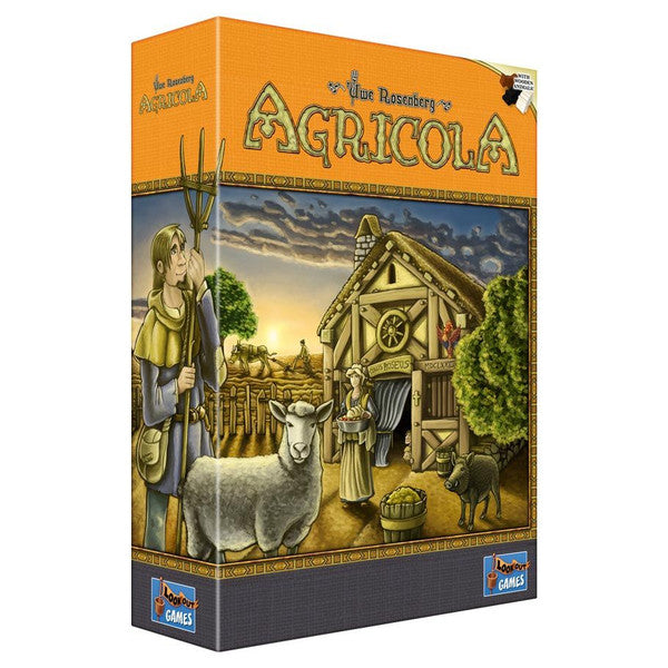 Agricola - Rectangular board game box with orange top featuring medieval farm artwork, including a sheep, barn, and farmer.