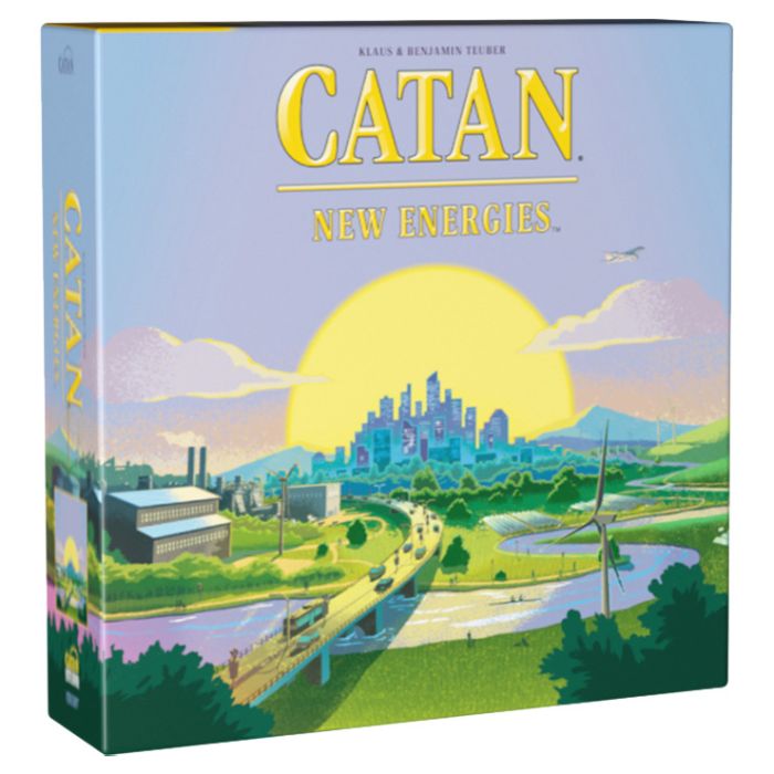 CATAN: New Energies - Catan New Energies board game box with sunset cityscape, highways, wind turbines, and solar panels in soft pastel colors.
