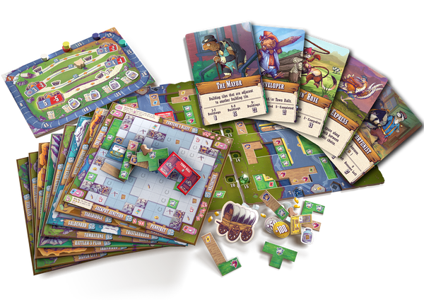 Wild Tiled West - Board game components including colorful square tiles, illustrated cards featuring characters and instructions, wooden.