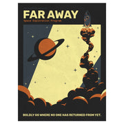 Far Away - Space-themed board game box with a rocket launching from rocky terrain, large planet with rings, and yellow starfield.