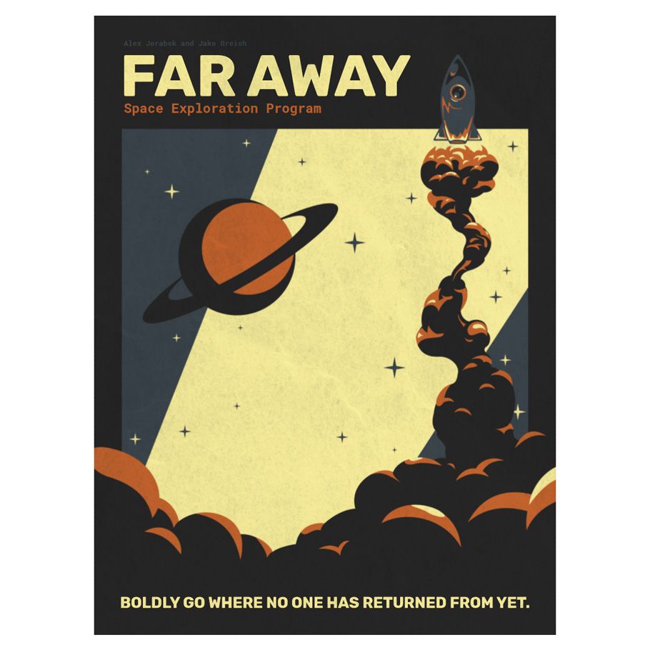 Far Away - Space-themed board game box with a rocket launching from rocky terrain, large planet with rings, and yellow starfield.