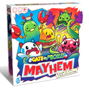 Cats vs. Pickles Mayhem - Colorful game box featuring animated cats and pickles with playful expressions and bold "Mayhem" title.