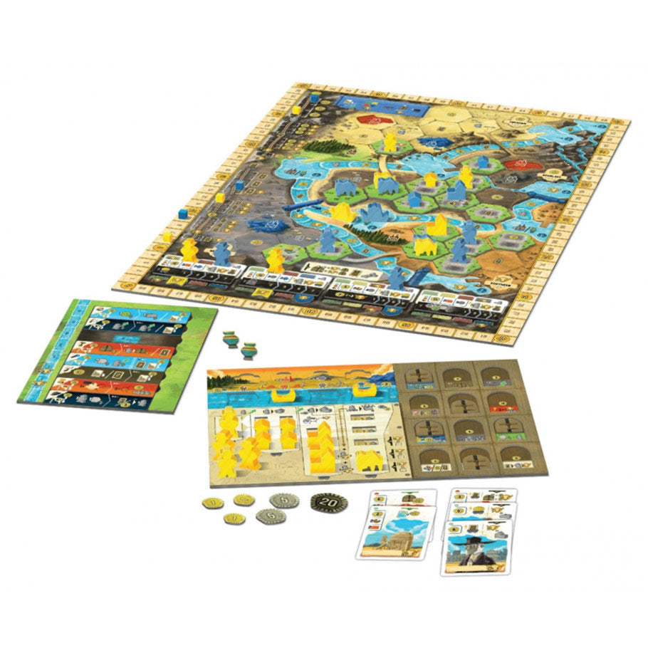 Boonlake - Colorful strategy board game featuring a map with islands, cards, player mats, and round tokens.