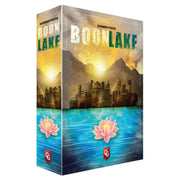 Boonlake - Boonlake strategy board game box featuring a sunset over mountains and ancient ruins reflected in blue water with a pink.