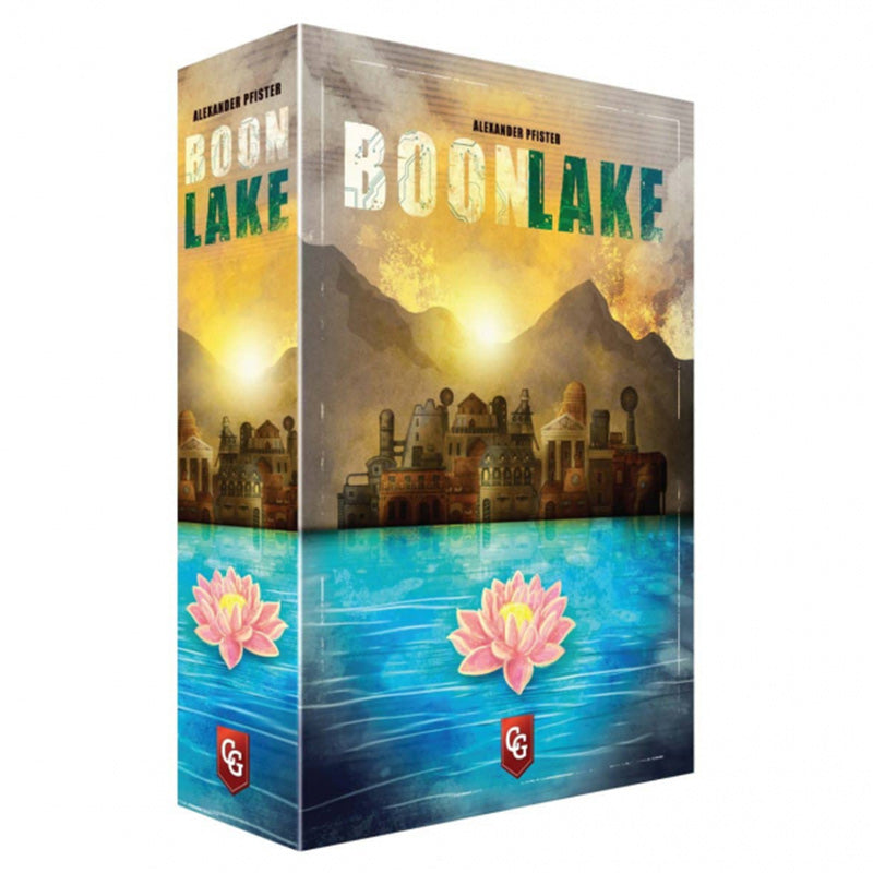Boonlake - Boonlake strategy board game box featuring a sunset over mountains and ancient ruins reflected in blue water with a pink.