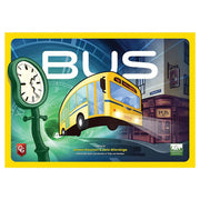 Bus: Complete Edition - Board game box with a yellow and blue bus illustration, a clock, and a city street scene against a blue-green background.