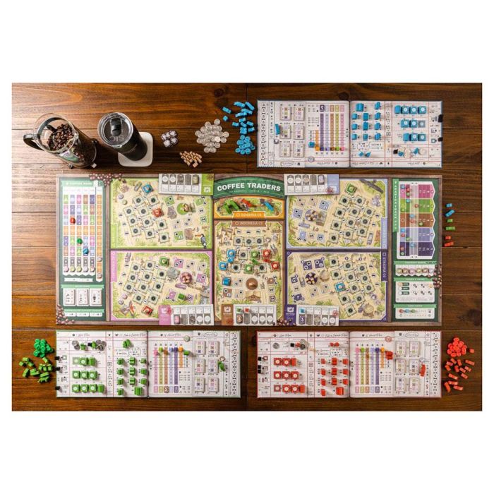 Coffee Traders - Coffee Traders board game with detailed maps, colorful tokens, cards, and player boards arranged on a wooden table.