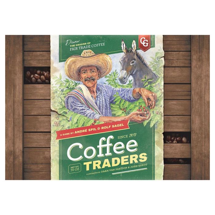 Coffee Traders - Green and beige Coffee Traders board game box featuring an illustrated man with a hat and a horse on a wooden surface with.
