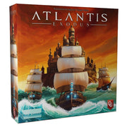 Atlantis Exodus - Board game box with three large sailing ships in stormy ocean waters approaching a golden ancient city at sunset.